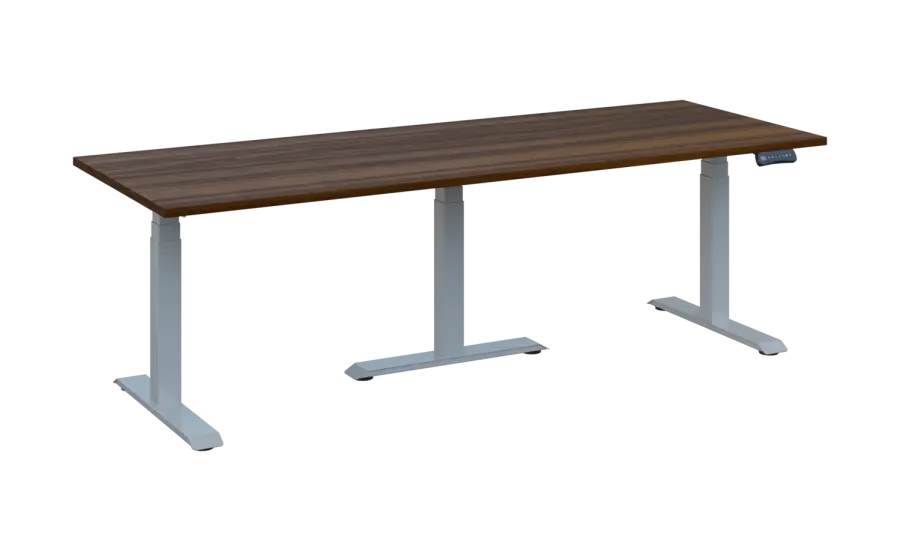 FLEXIMEET 220-80 výškově nastavitelný stůl, kovová podnož stříbrná, deska 25 mm, široký 2200 mm, ořech královský